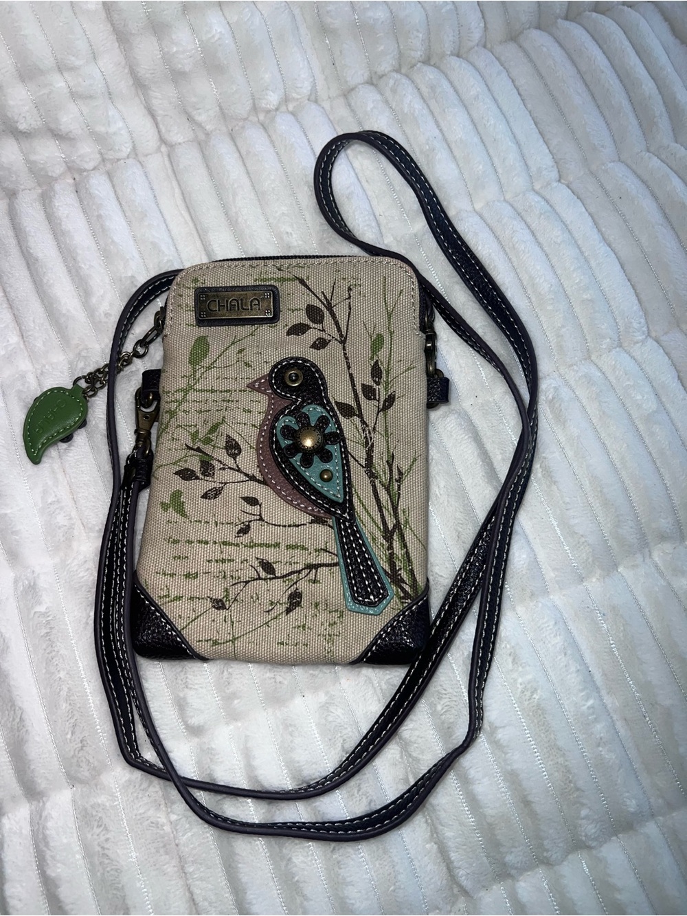 Chala Beige Crossbody with Teal and Brown Bird Applique